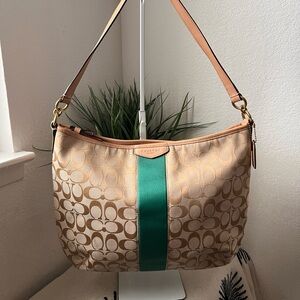 Coach Signature Stripe Green Tan Convertible Hobo Shoulder Bag,